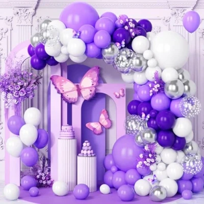 Afbeelding van Teselife 123 stuks paarse en witte ballonnen Zilveren latex ballonslinger Voor meisjes jongens verjaardag, babyshower, bruiloft, vrijgezellenfeest