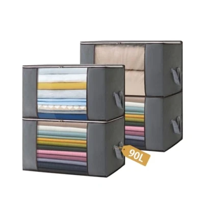 Afbeelding van Boic 4 stuks grote opbergtas, 60 x 40 35 cm, opvouwbare onderlegger, kledingopslag met versterkte handgreep, stevige ritssluiting voor kleding, beddengoed, dekbedden, kussen