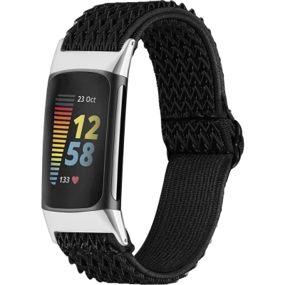 Afbeelding van iMoshion Bandje Geschikt voor Fitbit Charge 5 / 6 Elastisch nylon band met zilveren aansluiting Zwart
