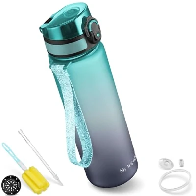 Afbeelding van My Vesperbox Minny Drinkfles voor kinderen, lekvrij, 350 ml, 500 750 met rietje of zeef, lichte Tritan waterfles, BPA vrij, kleuterschool, school (750 grijs, blauw)