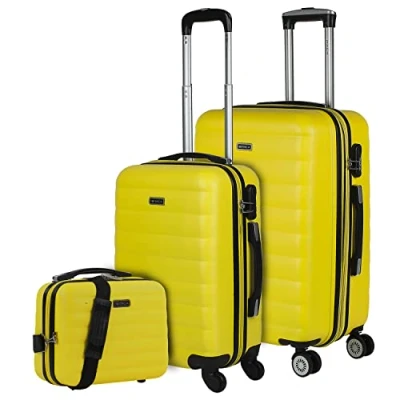 Afbeelding van ITACA Reiskoffer met 4 wielen, trolley 55/65/75 cm en lichte, rekbare ABS tas. 3 kleine, middelgrote 71200, Geel.