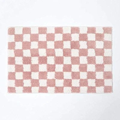 Afbeelding van Homescapes Geruite antislipbadmat 100% katoen, oudroze en wit