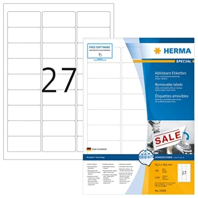 Afbeelding van Etiket HERMA 10300 63.5x29.6mm verwijderbaar wit 2700 etiketten