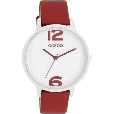 Afbeelding van OOZOO Timepieces Zilverkleurige horloge met dahlia rood leren band C11237