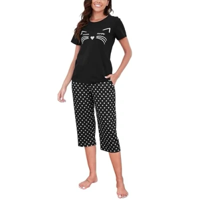 Afbeelding van ReliWel Katoenen korte pyjamaset voor dames, top met mouwen en capribroek zakken, 2 delige print, zacht comfortabel, nachtkleding, zwart.