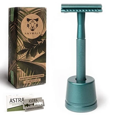 Afbeelding van ANYMALE® Azure Edition scheerapparaat plasticvrij met standaard en 5 mesjes ASTRA nat voor dames heren