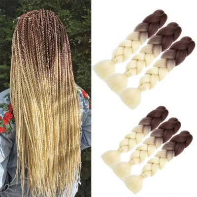 Afbeelding van Jumbo vlechten haarextensies, bruin, kleurrijk kunsthaar, hittebestendig haar voor doe het zelvers, haken, box vlechten, diepe haarextensie (61 cm, bruin blonde)