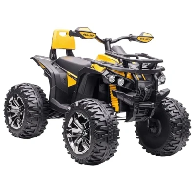 Afbeelding van HOMCOM 4x4 Quad, elektrische buggy voor kinderen, 12 V, maximaal 8 km/u, met geluids en lichteffecten, zadel rugleuning, bagagerek voorop, metaal polypropyleen Geel zwart