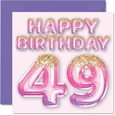 Afbeelding van Verjaardagskaart voor vrouwen, 49e verjaardag, roze en paarse glitterballonnen, verjaardagskaarten vrouwen 49 jaar, moeder, neef, vriendin, zus, tante, 145 mm x