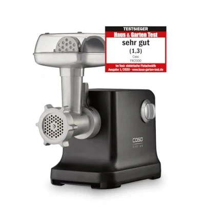 Afbeelding van CASO FW 2000 Black Vleesmolen met krachtige W motor, duurzaam titanium lemmet, retourfunctie, veel accessoires, 2 snelheden, grote aluminium vulplaat