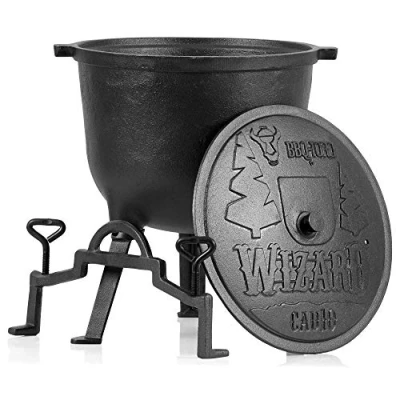 Afbeelding van BBQ Toro Magische ketel &quot;Wizard&quot; Gietijzeren kookpan met drie poten, deksel, handvat en borgschroef Heksenketel (10 liter)