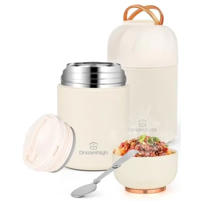 Afbeelding van Dreamhigh® Thermocontainer voor levensmiddelen, 850 ml, roestvrij staal, met handvat, lekvrij, lepel, 12 uur warme dranken en koud, wit