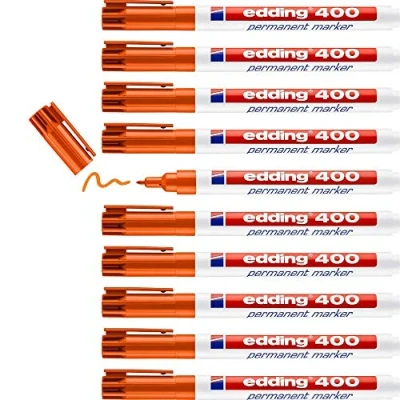 Afbeelding van edding 400 permanente markeerstiften, oranje, 10 stiften, ronde punt 1 mm, sneldrogend, water en slijtvast, voor karton, kunststof, hout, metaal glas
