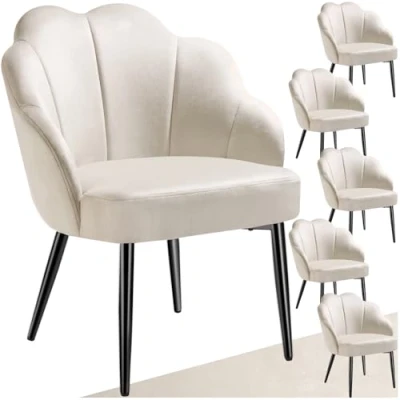 Afbeelding van tectake 6x Cocktail Stoel Hellen, Gestoffeerd met Fluwelen Bekleding, Zachte Vulling, Gewelfde Rugleuning, Stalen Poten Poedercoating set van 6 Crème/Zwart