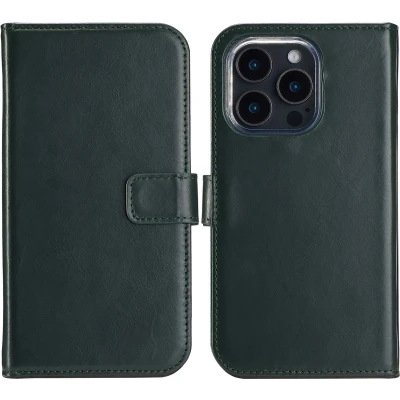 Afbeelding van Selencia Hoesje Geschikt voor iPhone 16 Pro Max Met Pasjeshouder Echt Lederen Bookcase Groen