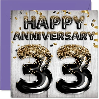 Afbeelding van Stuff4 Leuke 33e verjaardagskaart voor echtgenoot, vriend, vrouw, vriendin, zwarte en gouden glitterballonnen, wenskaarten verjaardag van het gezin, 145 mm x
