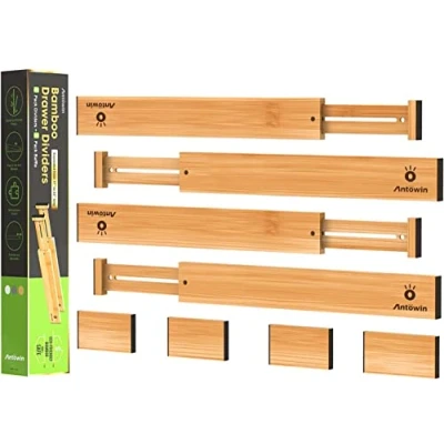 Afbeelding van ANTOWIN Organisatoren van bamboescheiden, lade scheiders Splitter, 43 56 cm lange verstelbare veerbelaste organizer voor groot gebruiksvoorwerp, kleding, gereedschapsladen