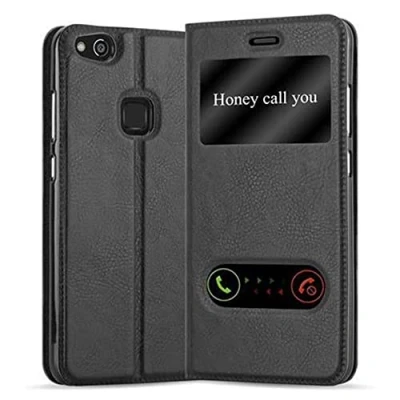 Afbeelding van Cadorabo Hoesje geschikt voor Huawei P10 LITE in KOMEET ZWART Beschermhoes met magnetische sluiting, standfunctie en 2 kijkvensters Book Case Cover Etui