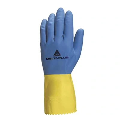 Afbeelding van Huishoudelijke handschoen, latex, vlokken, lengte 30 cm, dikte 0,60 mm, kleur: blauw/geel, maat 7/8 paar