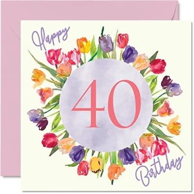 Afbeelding van Mooie verjaardagskaart voor vrouwen de 40e verjaardag Boeket tulpenbloemen haar, mama, tante, zus, vriend, verjaardagscadeau, 145 mm x