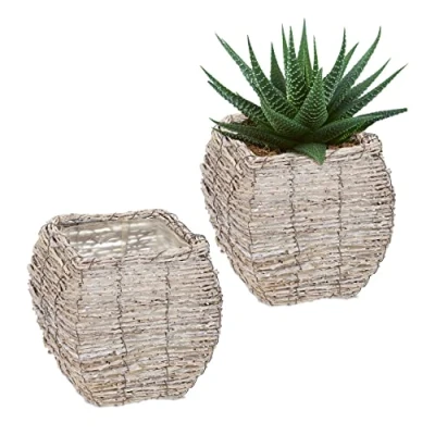 Afbeelding van Relaxdays bloempot set van 2 rotan sierpot met folie plantenpot vierkant wit