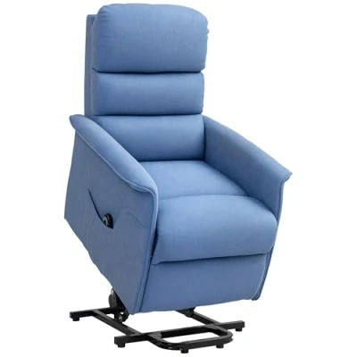 Afbeelding van HOMCOM elektrische hefstoel, relaxstoel met voetensteun, verstelbare rugleuning, afstandsbediening, stoel, tas, ademende linnen stof, gemêleerd blauw
