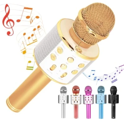 Afbeelding van Home Markt24 Draadloze Bluetooth microfoon met luidspreker, goud, 2600 mAh batterij, karaoke microfoon, instelbare geluidseffecten