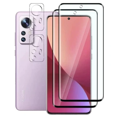 Afbeelding van FWang Gehard glas compatibel met Xiaomi 12/12X, 3D volledige afdekking, 9H hardheid, krasbestendig, zonder luchtbellen, HD, bevat 2 stuks displaybeschermfolie en achtercamerabescherming