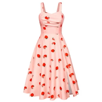 Afbeelding van Belle Poque Mouwloze geplooide midi jurk voor dames, jaren &#039;50 stijl, aardbei roze