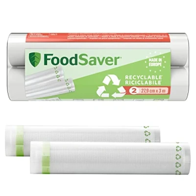 Afbeelding van FoodSaver Vacuümverpakkingsrollen, recyclebare en herbruikbare voedselzakken, houden de versheid van je levensmiddelen tot 5 keer langer, BPA vrij, 2 rollen (28 cm x 3 m)