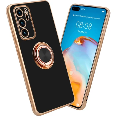 Afbeelding van Cadorabo Hoesje geschikt voor Huawei P40 in Glossy Zwart Goud met ring Beschermhoes van flexibel TPU silicone Case Cover camerabescherming en magnetische autohouder