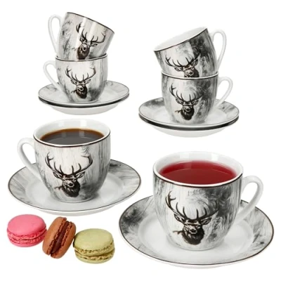 Afbeelding van MamboCat Alois Set van 6 koffiekopjes met schoteltjes voor personen, porseleinen servies hertendecoratie ontbijt en koffie, theekopjes 200 ml