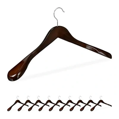 Afbeelding van Relaxdays Set van 10 kleerhangers voor kostuum, brede schouders, 360 graden draaibare haak, houten kleerhangers, donkerbruin,