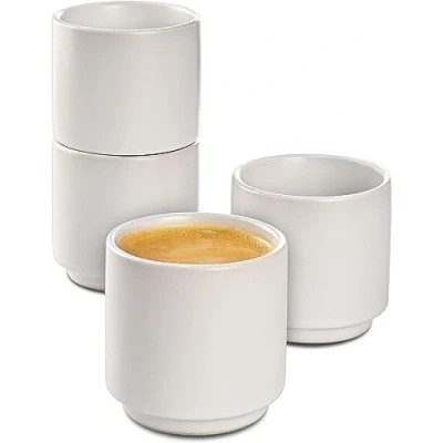 Afbeelding van Cosumy Set van 4 witte keramische espressokopjes Stapelbaar ontwerp Dikke wanden Vaatwasmachinebestendig 70 ml