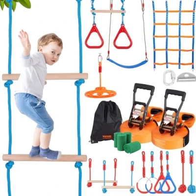 Image de VEVOR Parcours Ninja pour Enfants Kit Slackline et d’Obstacles 2x18,29 m Charge 226,8 kg 14 Obstacles Équipement de Jeu Extérieur avec Filet d’Escalade Barre Singe Jardin Arrière Cour
