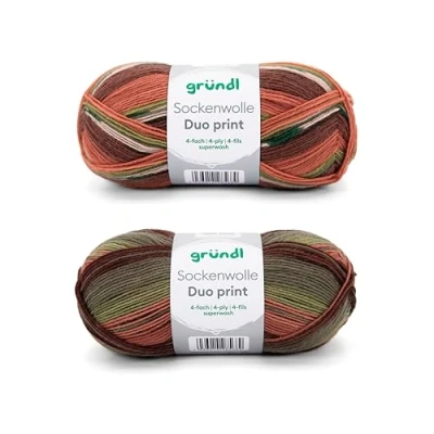 Afbeelding van Gründl 2 x 100 g sokkenwol (75% scheerwol (Superwash), 25% polyamide) + handleiding (mogelijk niet beschikbaar in het Nederlands), oranje groen bruin