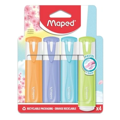 Image de Maped 4 Surligneurs Pastel Pointe Biseautée Longue Durée pour Usage Scolaire et Professionnel Orange, Violet, Bleu Vert