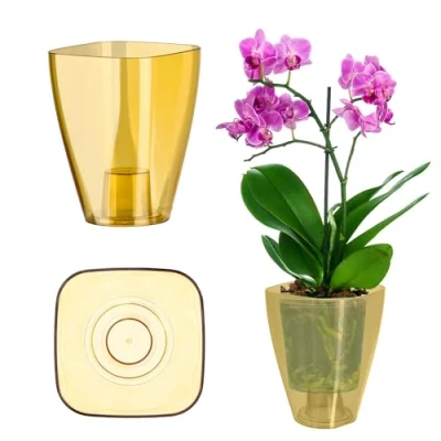 Afbeelding van KADAX bloempot, orchideeënpot, eenvoudige bloempot voor orchidee, uitsteeksel, madeliefje, keuken en woonkamer (diameter 12 cm, vierkant, honing)