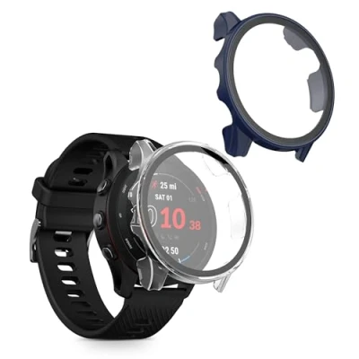 Afbeelding van kwmobile 2x cover geschikt voor Garmin Forerunner 255 / Music Fitnesstracker van gehard glas en kunststof frame set transparant donkerblauw