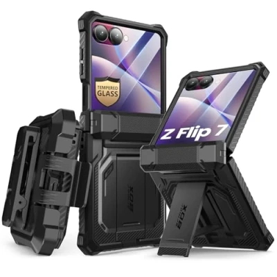 Afbeelding van i Blason Samsung Galaxy Z Flip 7 hoes met standaard, geïntegreerde displaybescherming, scharnierbescherming, riemclip, volledige militaire beschermhoes voor (Release