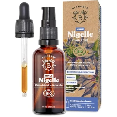 Image de Bionoble Huile de Nigelle Bio Pure 50ml + Pipette et Pompe Bouteille en Verre 100% Naturelle, Pressée à Froid Visage Corps Cheveux Cumin Noir, Black Seed Oil