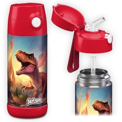 Afbeelding van Jarlson® CHARLI Drinkfles voor kinderen, roestvrij staal, getest, BPA vrij, lekvrij, met rietje, school, kleuterschool, dinosaurus 2.0, 350 ml