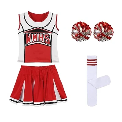 Afbeelding van Rood en blauw cheerleader kostuum voor meisjes met Pom Poms sokken, Carnaval kinderkleding kinderen