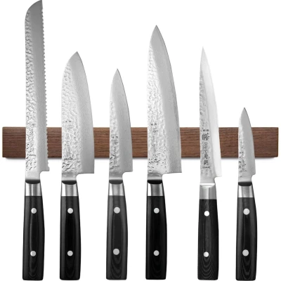 Afbeelding van Yaxell Zen Messenset 7 delig Magnetische Messenstrip van Walnotenhout met 6 Messen 37 Lagen Damaststaal Canvas Micarta Heft