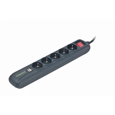 Afbeelding van Stekkerdoos met schakelaar 5 voudig 2X USB, 1.5 meter snoer zwart