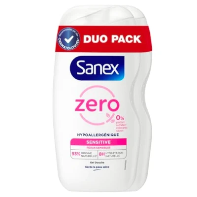 Afbeelding van Hypoallergene douchegel Sanex Zero % Sensitive 475 ml bevat geen parfum, kleurstoffen, sulfaat* of zeep, hydratatie gedurende 8 uur, dermatologisch getest