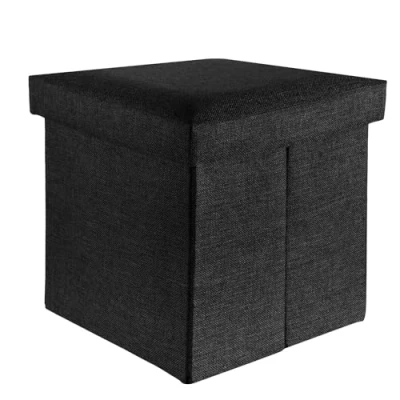 Afbeelding van Intirilife opvouwbare kruk 38x38x38 cm in DIAMOND ZWART zitkubus met opbergruimte en deksel van stof linnenlook voetensteun opbergkist bankzitting