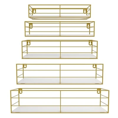 Afbeelding van HORLIMER Set van 5 zwevende houten wandplanken rustiek voor slaapkamer, badkamer, keuken, woonkamer, kantoor, goud