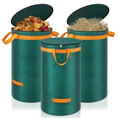Afbeelding van Eurhomewit Tuinafvalzakken, 3 stuks, 120 liter, met deksel en handgrepen, groot, robuust, vrijstaand, voor gras, bladeren, heg, tuinafval