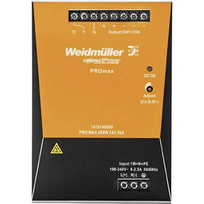 Afbeelding van Weidmüller PRO MAX 480W 24V 20A DIN rail netvoeding 24 V/DC 20 A 480 W Inhoud: 1 stuk(s)